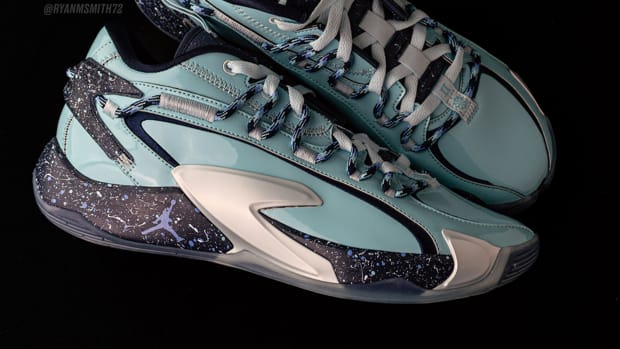 Side view of Luka Doncic's blue and white Jordan Brand sneakers.